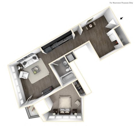 Floor plan for 1 bed, 1 bath, 802 sqft